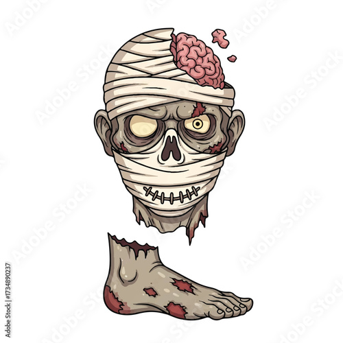 Cartoon mummy head  severed foot float wrapped exposed brain skeletal face