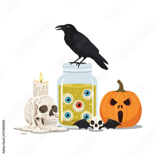 Halloween crow atop jar of eyeballs beside skull candle  pumpkin