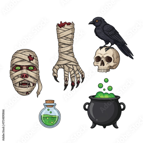 Halloween illustration with mummy arm raven skull potion bottle and cauldron