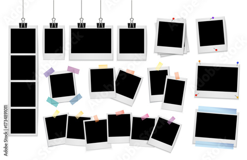Photo Frame Mockup Set – Realistic Instant Polaroid Photo Templates with Tape, Clips and Pins for Scrapbook, Photo Booth and Album Design Vector Illustration