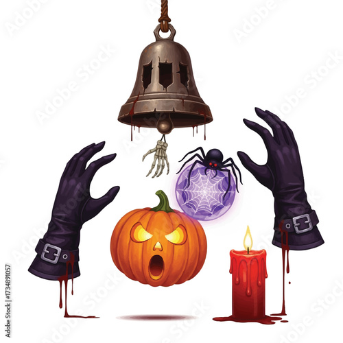 Halloween scene Bell pumpkin spider candle gloved hands dripping blood create spooky vibe
