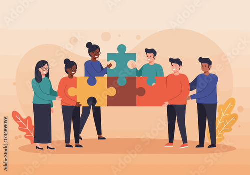 Six people cooperatively assemble a puzzle featuring colorful interlocking pieces against a background with leafy details