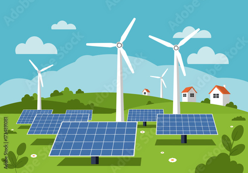 Solar panels and windmills in a green field under a blue sky with scattered clouds and nearby houses