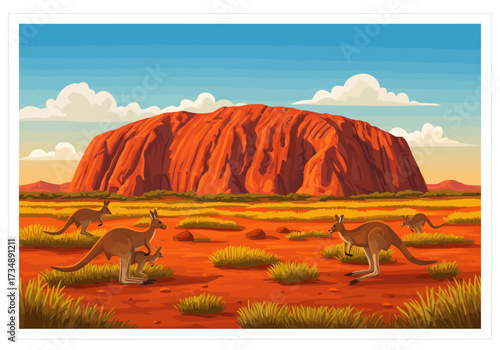 Uluru rises above a red desert kangaroos graze beneath a blue sky with fluffy clouds