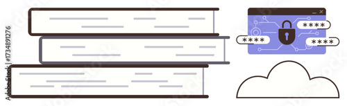 Stack of books, secure digital password interface with lock, and cloud icon. Ideal for cybersecurity, knowledge management, online storage, education, e-learning, data protection simple flat