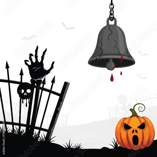 Halloween scene with a graveyard gate skeletal hand bloody bell pumpkin and bats against a white backdrop