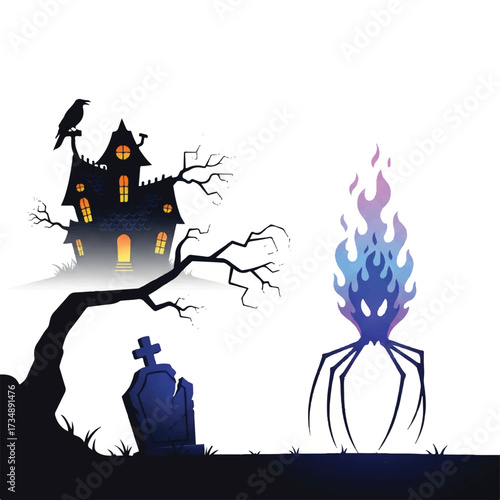Halloween scene with a haunted house gravestone dead tree raven and a flaming blue spirit