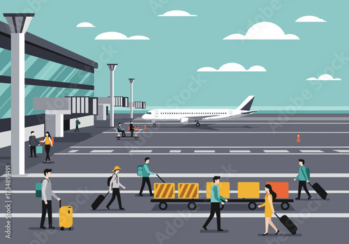 Airport scene plane on tarmac figures walking with luggage building in the background cloudy sky