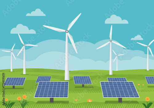 Cartoon field with wind turbines solar panels blue sky and flowers