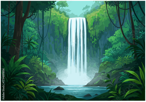 Lush waterfall cascades into a serene pool within a vibrant tropical jungle