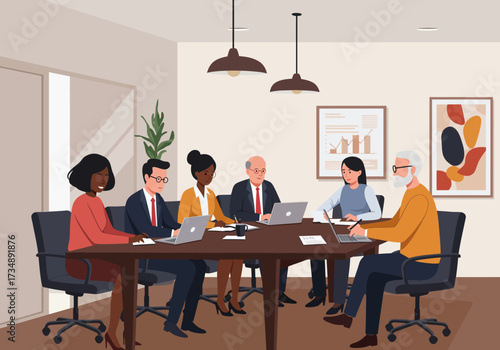 Meeting with six people around a table each engaged with laptops and documents in a room