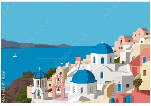 Santorini scene Whitewashed buildings blue domes sea backdrop and a distant sailboat
