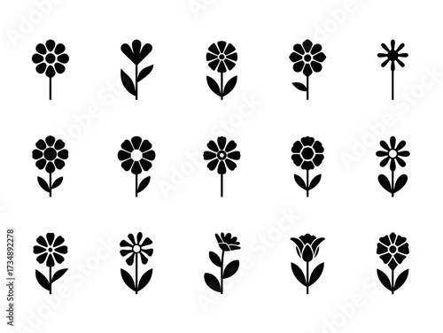 Collection of simple flower shapes arranged neatly on a white surface, creating a minimalist and elegant botanical pattern, perfect for spring designs.