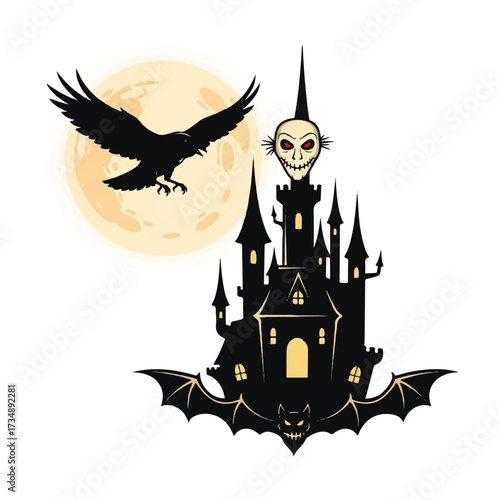 Silhouette of a haunted house with a skull on top a bat shape at its base and a crow flying near a full moon