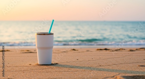 Refreshing drink on sandy beach with blue straw under sunny sky