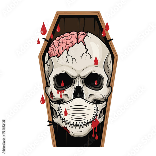 Skull wearing a stitched mask in a coffin brain visible surrounded by blood drops
