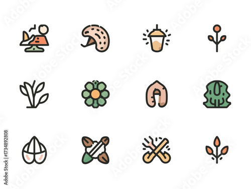 Collection of wellness symbols representing relaxation, nature, and healthy living on a white backdrop, promoting tranquility and balance.