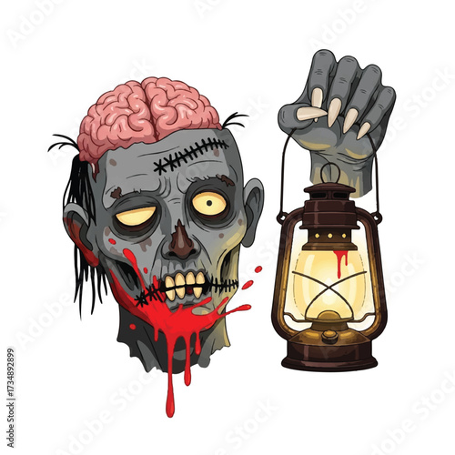 Zombie head with exposed brain  blood dripping from mouth holding a brown lantern with sharpnailed hand