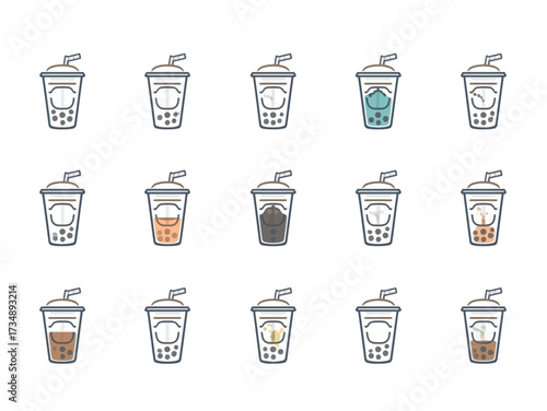 Various bubble tea drinks displayed on white surface, showcasing different flavors and ingredients in a clean and minimalist style.