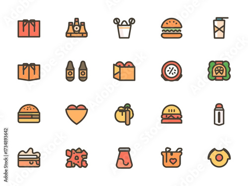 Collection of colorful food and drink items arranged on a white surface, showcasing a variety of treats and beverages in a playful and inviting manner.