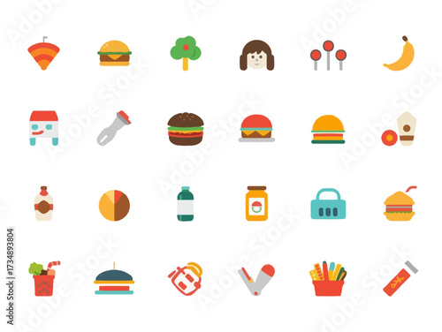 Collection of food items arranged on white surface representing diverse culinary options and healthy eating habits in a colorful and playful style.