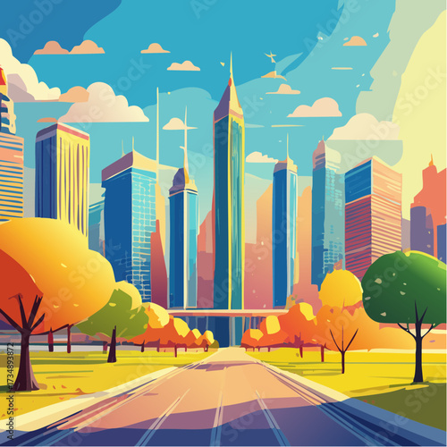 city landscape with trees and clouds