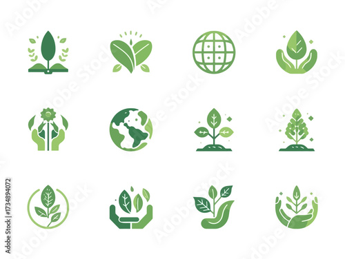 Green leaves and earth symbols represent environmental conservation and sustainability in a clean, modern style, promoting a positive and ecofriendly message.