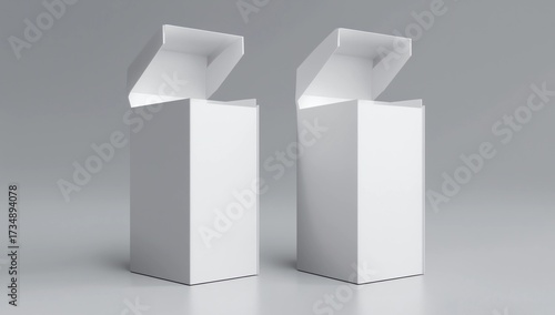 Blank white cube gift box with opened hinged flap lid on white background. Clipping path around box mock up. 3d illustration