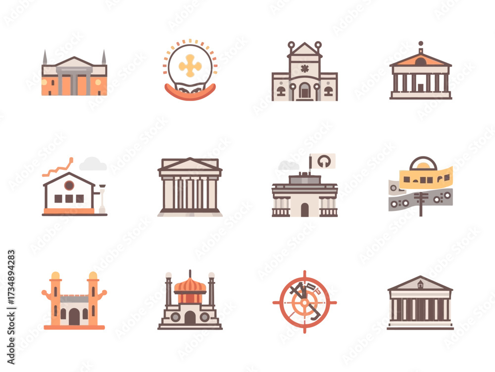 Fototapeta premium Various historical buildings stand as landmarks representing culture and heritage with architectural details in a minimalist style, evoking a sense of history and tradition.