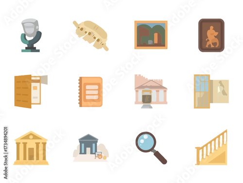 Collection of historical artifacts and museum exhibits displayed as cartoon icons representing cultural heritage and historical knowledge in a simple, educational style.