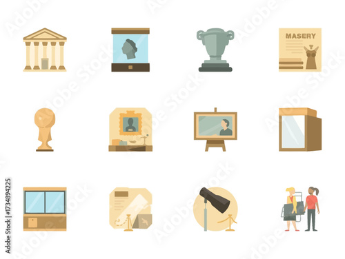 Museum exhibits displaying artifacts and artworks in a gallery setting, showcasing cultural heritage and historical significance with educational displays.