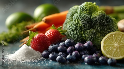 Colorful Fresh Produce Still Life with Berries and a Dash of Sweetener