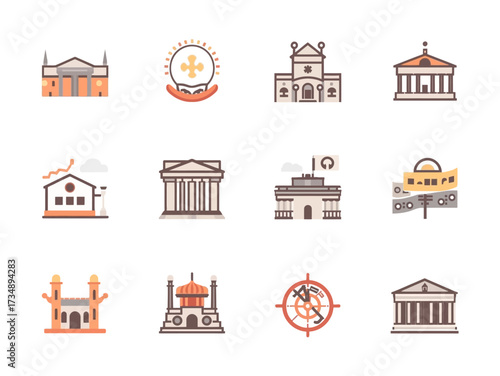 Various historical buildings stand as landmarks representing culture and heritage with architectural details in a minimalist style, evoking a sense of history and tradition.