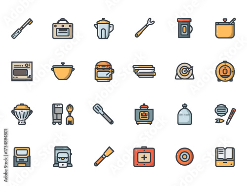 Collection of kitchen utensils arranged neatly on a white surface, showcasing cooking tools and appliances for culinary use.