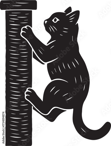 Linocut illustration of a cat climbing scratching post in bold black and white silhouette style for packaging and label design