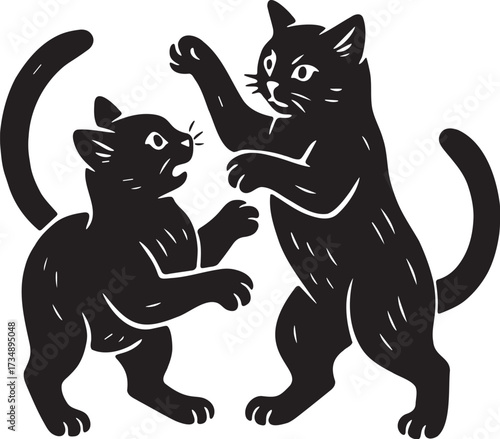 Bold linocut illustration of two playful cats fighting in black and white silhouette style for packaging and decorative label artwork