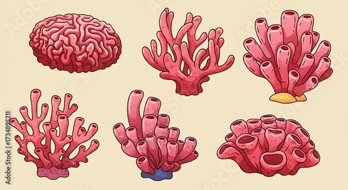 Fototapeta Naklejka Na Ścianę i Meble -  Colorful coral reef illustrations on a beige background