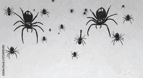 A collection of black spider silhouettes hanging from thin lines against a light, transparent background, perfect for Halloween themes