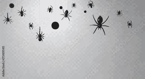 A collection of black spider silhouettes hangs suspended against a light, checkered background