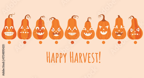A cheerful row of nine illustrated orange Jack O'Lantern pumpkins displaying various funny and spooky carved faces, perfect for a happy harvest greeting