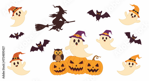 A collection of charming Halloween-themed illustrations featuring playful ghosts, silhouetted witches on brooms, bats, pumpkins, and an owl