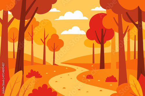 Autumn vector illustration of a colorful fall landscape with trees, orange and yellow leaves, and sky
