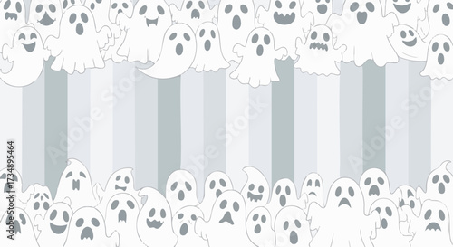 A collection of cute, cartoon ghosts with various facial expressions fill the top and bottom borders of a pastel striped background, perfect for Halloween designs