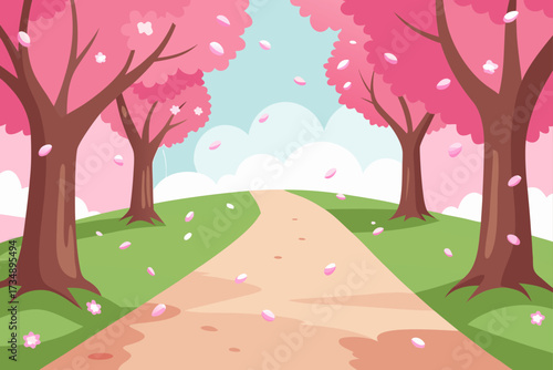 The vibrant pink cherry blossom tree illustration captures a peaceful spring landscape with delicate flowers and fresh green leaves on its branches