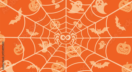 A cute spiderweb pattern with friendly ghosts, bats, and pumpkins on an orange background