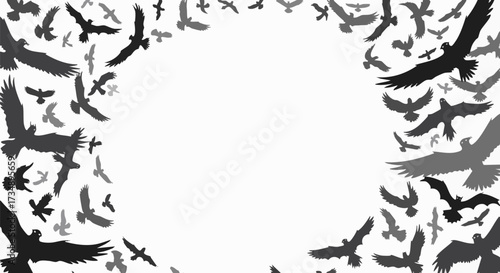 A dramatic border frame featuring black and grey silhouettes of flying birds, perfect for Halloween or spooky themed design backgrounds