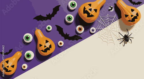 A festive Halloween background with jack-o'-lanterns, spooky eyeballs, bats, and a spider. This flat lay banner has copy space for party invitations