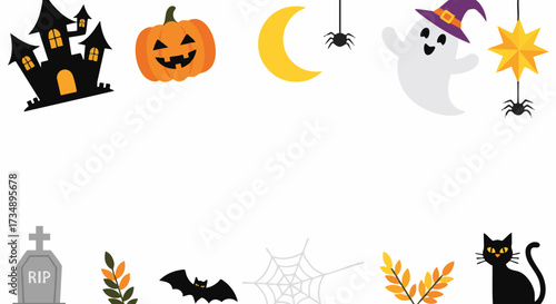 A festive Halloween border features cartoon icons like a haunted house, jack-o-lantern, ghost, and black cat on a white background