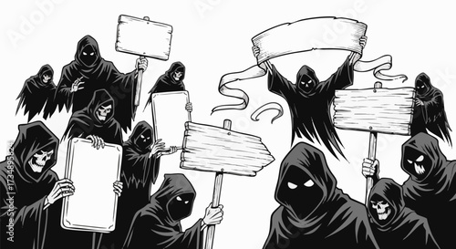 A menacing crowd of grim reapers and cloaked figures protest, holding blank signs and banners