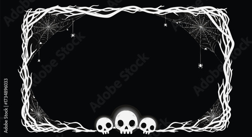 A spooky vector Halloween frame with tangled white branches, intricate spider webs, and hanging spiders